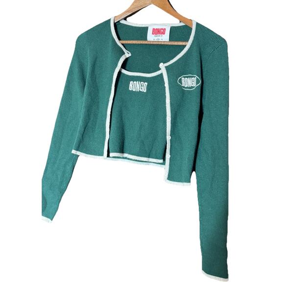 Bongo Forever 21 Green Ivory Cropped Cardigan/Cami Set‎ S/M Y2K Academia Teddy - Picture 1 of 10